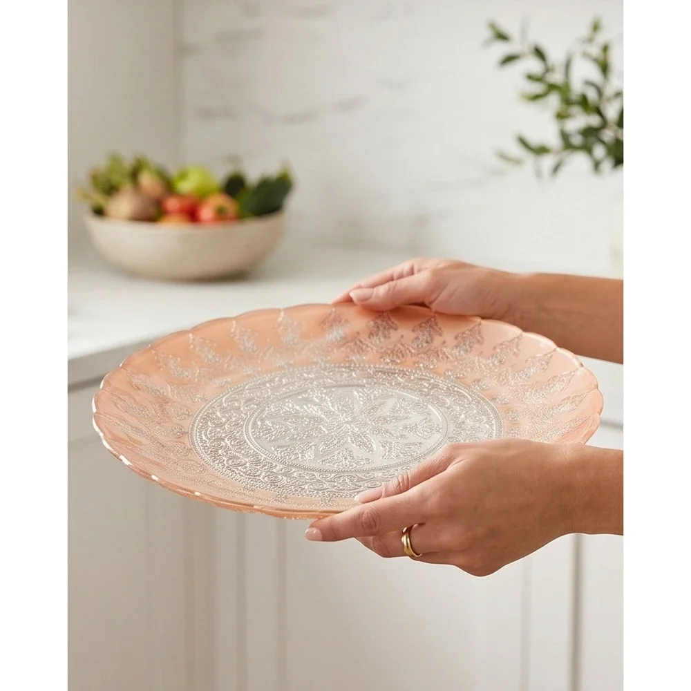 Silverina Istanbul Pink Glass Platter Genuine 99% Silver Turkish Handmade 13